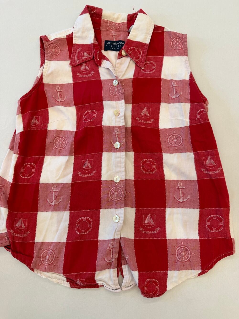 90s Liz Claiborne Coastal Red White Plaid Nautical Embroidered Sleeveless Shirt